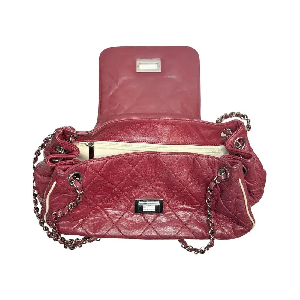 Chanel East West Accordion Flap Bag Red Caviar Leather Silver Hardware w/ COA